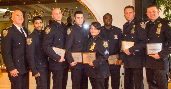 Photo by Zach Williams L to R: NYPD Officers Ravi Singh, Scott Williams, James Quirk, Sgt. Maggie Clamp, Officers Jackson Dagobert, Sean Malone and Gerard Collins were honored at The Greenwich Village-Chelsea Chamber of Commerce’s 11th Annual Safe City, Safe Streets luncheon.